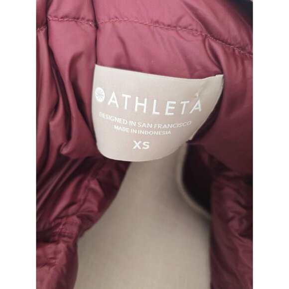Athleta Lofty Goose Down Hooded Maple Burgundy Red Puffer Coat Zip Snap XS - Picture 11 of 16